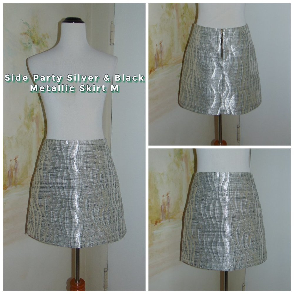 Side Party Silver Black Metallic Jacquard Skirt M